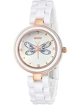 INWET Weiß Keramik Armband Armbanduhr für Damen,3D Libelle Zifferblatt,Elegante Kristall Uhr