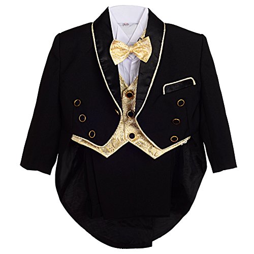 Dressy Daisy Baby Boys' Jacquard Waistcoat 5 Pieces Formal Tuxedo Suit With Tail Baptism Christening Outfit Size 12-18 Months Black Gold