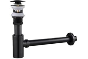 Siphon Universal für Waschbecken & Waschtisch, KEOKBON Syphon & Pop up Ventil Ablaufgarnitur mit Überlauf Stöpsel Abfluss Geruchsverschluss Reinigungsöffnung passgenau Röhrensiphon, ORB Schwarz