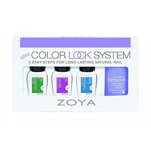 Zoya Professional Laquer - Mini Color Lock System *Set of 4* Set Includes: 1x 3-in-1 Formula Polish Remover (15ml), 1x Anchor Basecoat (7.5ml), 1x Armor Topcoat/UV Block (7.5ml) and 1x Speed Dry Drops Fast Drops (7.5ml)