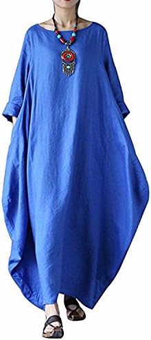 BONESUN Women Summer Linen Cotton Vintage Loose Kaftan Casual Boho Maxi Dress Blue L