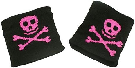 1 Pair Black with Pink Skull and Crossbones Design Wristcuffs