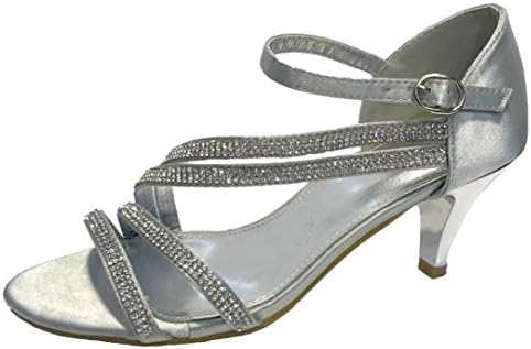 Ubershoes Ladies Womens Sparkly Diamante Low Heel Party Evening Sandals Shoes (3, Silver Satin)