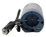 Der Wechselrichter wandelt 12V Gleichspannung in 230V Wechselspannung (Ausgangsspannungsform modifizierte Sinuswellen) um.