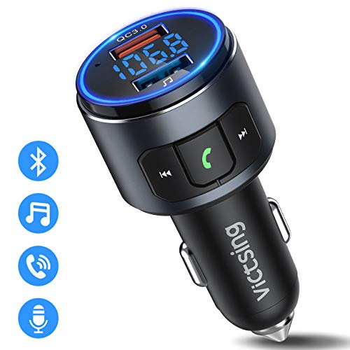 Transmisor FM Bluetooth 5.0 para Coche, [Luz LED Anillo] VicTsing Mini Transmisor Bluetooth Manos Libres con Siri Asistente de Voz, Reproductor MP3 Coche Carga QC3.0, Adaptador de Radio & Hi-Fi Música