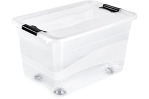 keeeper Caja de almacenamiento con ruedas, tapa y cierre deslizante, 59,5 x 39,5 x 35 cm, 52 l, Konrad, Transparente