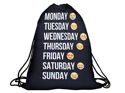 Alsino Turnbeutel mit Spruch/Wochentage/Emoji/Emoticon/Hipster Rucksack/Gymbag Sporttasche/Stringbag/Sportbeutel/Jutebeutel/Modell RU-118 Wochentag Emoticons