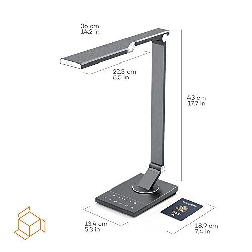 TaoTronics 100% Metall Schreibtischlampe LED Tageslichtlampe 12W Touch-Control 5 Farbetemperaturen und 6 Helligkeiten mit USB-Anschluss 5V 2A zum Aufladen von Smartphones und Tablets, Eisen-Grau - 6