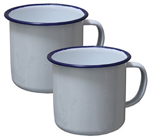 2-er Pack 300ml Emaille Tassen in Farbe weiß mit Griff - Becher / Tasse - für Camping, Outdoor, Wandern oder Reise - klein Cup Mug Can Beacker Bowl - original Inet-Trades GmbH Produkt (weiß mit blauem Rand)