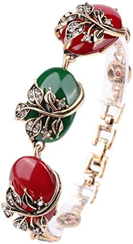 Yiwa Women Vintage Bracelet Stylish Gemstone Leaves Rhinestone Hand Chain Ornament