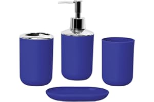 Hosoncovy 4 Pieces Bathroom Accessory Set with Soap Dispenser, Bathroom Cup, Soap Dish ，Toothbrush and Toothpaste Holder (Blue)