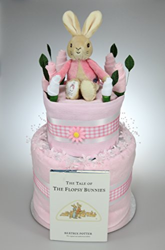 Baby Girl Two Tier Nappy Cake with Flopsy Bunny Soft Toy Peter Rabbit and Book New Born Baby Shower Gift