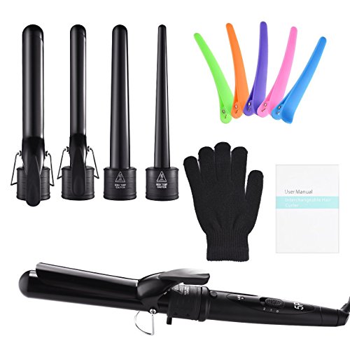 Lockenstab, HoLife 5-in-1 Austauschbare Lockenwickler 9-32mm für Große Kleine Locken mit Keramikbeschichtung, Schminktisch-schützenden Stahl-Stabständer, Anti-Hitzehandschuh(mit 5 Haar Clips, Schwarz) - 7