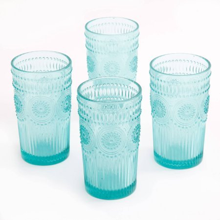 The Pioneer Woman Adeline 16-Ounce Turquoise Emboss Glass Tumblers, Set of 4 by The Pioneer Woman