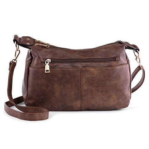 katloo - Bolso para mujer de piel sintética, pequeño bolso para el hombro, bolso para la ciudad, bolsillo para el día a día con muchos compartimentos con cremallera, color marrón