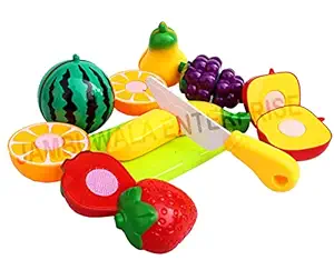 Jambuwala Enterprise Realistic Sliceable Cutting Play Kitchen Toy with Fruits, Vegetables, Knife, Plate and Cutting-Board for Kids - Multicolour - Multi Design - Set of 7 pecs