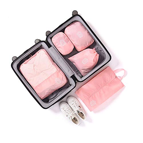 AOLVO Packing Cubes, 5 Set Polyester Pro Packing Cubes with Drawstring Bag & Shoe Bag Exbandable Thicken Clothing Sorting Package Luggage Organizer for Women Men Travel - Small Medium Large