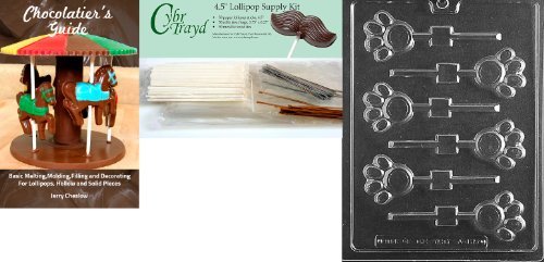 Cybrtrayd Paw Print Lolly Chocolate Mold with Chocolatier's Bundle, Includes 50 Sticks, 50 Cello Bags, 25 Silver and 25 Gold Metallic Twist Ties by CybrTrayd
