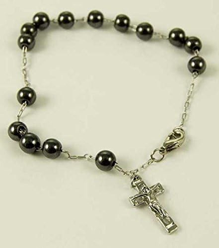 Hematite Rosary Bead Bracelet With Beads And Christ Crucifix Cross WITH GIFT BOX