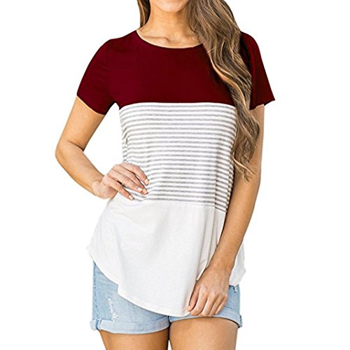 MRULIC Hot Selling Women Summer Short Sleeve Triple Color Block Stripe Cool T-Shirt Casual Blouse (2XL, Wine Red)