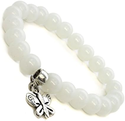 Pastel White Glass Beads and Butterfly Charm Elasticated Design Unisex Whirlybird Fantastic Fashionable Trendy Bracelet Band perfect for the Beach Summer Music Festival New