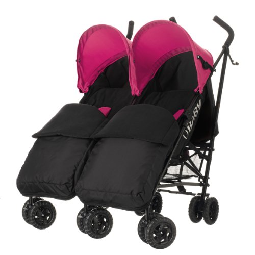 Obaby Apollo Black/Grey Twin Stroller and Black Footmuffs (Pink)