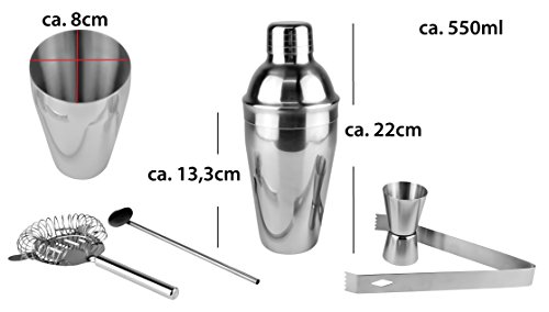 5 tlg. Edelstahl Cocktail Shaker Barset Set Partyset Mixer Bar Handshaker 550ml - 2
