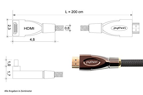 Python Series High-Speed-HDMI Anschlusskabel mit Ethernet – 4K2K / UHD / Ultra HD / Full HD – einseitig gewinkelt – OFC, 3D-Unterstützung, Dreifachschirmung, Nylongeflecht, schwarz, 2 m - 4