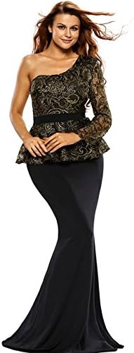 Gearia Women Sexy One Shoulder Peplum Waist Maxi Dress Mermaid Prom Evening Dress Black Large