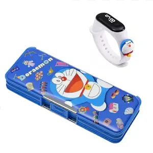 IZU Multipurpose Magnetic Pencil Box with LED Light Dual Sharpener for Girls & Boys +Digital Teddy Watch (Watch Assorted Color) (Dora)