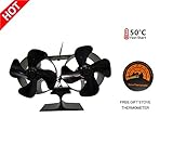 Double têtes Poêle Ventilateur 8 Lames Silencieux Chaleur Alimenté Poêles Bois/bûches Brûleur/cheminée/Four électrique With Thermomètre (Noir)