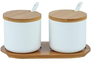 OnePine 260ml Zuccheriera in Ceramica, Contenitore per spezie barattoli spezie Rotonda con Coperchio e Cucchiaio, Design Elegante, per Casa e Cucina (Bianco, Set di 2)