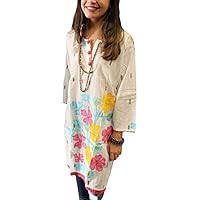 Womens Pink Tunic Top Floral Hand Embroidered Long Kurta Dress L