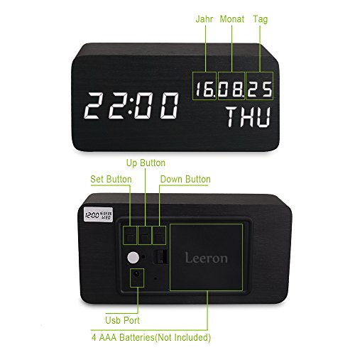 Leeron LED Digital Wecker, Zeigt Uhrzeit Datum Woche und Temperatur, Würfel Holz förmigen Sound Control-Schreibtisch-Wecker für Heim und Büro schwarz - 3
