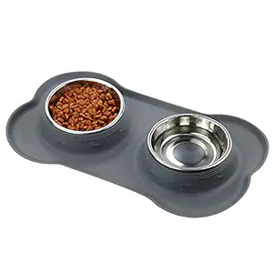 Dog Bowls, Cat Food and Water Bowls Stainless Steel , Double Pet Feeder Bowls with No Spill Non-Skid Silicone Mat, Dog Dish for Medium Dogs Cats Puppies, Set of 2 Bowls (S-6oz, Grey)