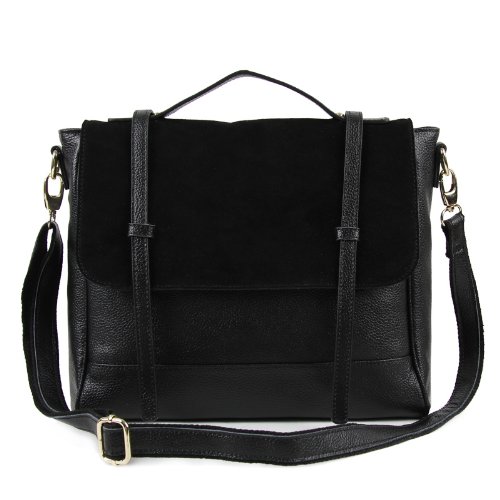 100% Genuine Leather Satchel bag with Suede flap (Black W8838)