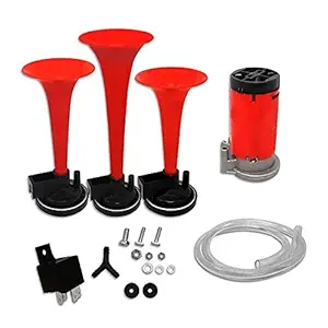 jannat car accessories Car/Bikes Air Horn with 12 Volt Air Compressor and Attachment Screws and Brackets Compatible for Passenger Car, Truck, SUV, Trailer, Motorcycle (Red)