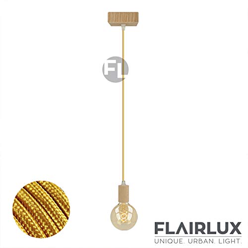 Preisvergleich Produktbild Holzpendelleuchte mit Holzbaldachin, E27 Holzfassung und Textilkabel Einzelpendel holz, Lampenaufhängung Deckenlampe holz hell Hängelampe holz, Schnurpendel Pendellampe holz 1 gold (0,5 Meter)