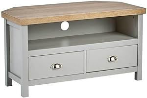 Home Source Corner TV Stand Entertainment Cabinet Television Unit, Oak Effect, Grey, 2 Drawer