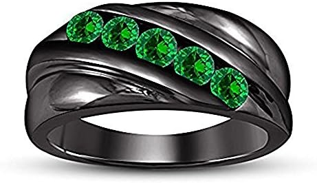 .925 Sterling Silver 14k Black Gold Plated Round Cut Created Green Emerald Five Stone Men's Wedding Band Anniversary Ring