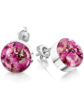 Silberschmuck mit echten Blumen: Ohrstecker - Heidekraut - rund - in Geschenkbox