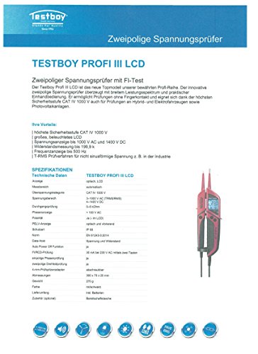 Testboy® Profi III LCD 3 Zweipoliger Spannungsprüfer mit LCD-Anzeige EAN 4028532200299 inkl. Aufbewahrungstasche FI-Test Spannungsprüfung geeignet auch für Elektrofahrzeuge Photovoltaikanlagen - 2