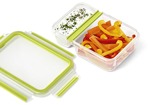 Emsa Lunch- und Snackbox mit praktischer Knick-Ecke und Deckel, Yoghurtbox, Volumen: 0,6 Liter, Transparent/Grün, Clip & Go, 518103 - 3