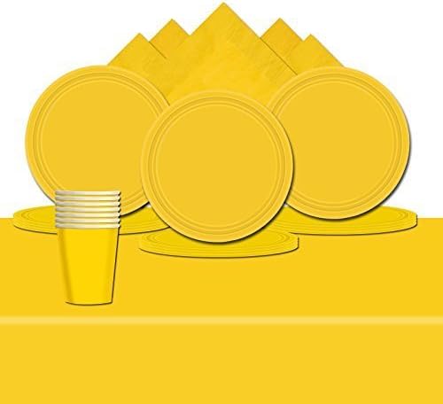 Tableware Complete Party Supplies Pack For 8 - Cups, Napkins, Plates And Rectangular Table Cover (Yellow)