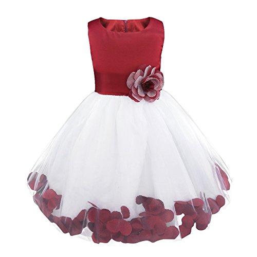 iEFiEL Robe Demoiselle d'Honneur Filles Pétales Noeud Fleur pour Enfant - (11-12 ans, Vin rouge)