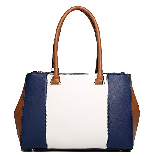 Miss Lulu Women Faux Leather Stripe Handbag Cross Body Shoulder Satchel Tote Bag (1643 Navy)