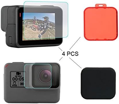 YHTSPORT 2 Pcs Screen Protector[Screen and Lens] for Hero 5,Ultra-Clear Tempered-Glass with Lens Cap Cover and Red Aqua Filter +Screen Cleaner for Hero 5 Action Camera (For Hero 5)