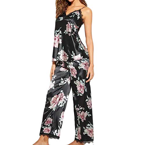 Preisvergleich Produktbild Luckhome Damen Casual Schlafanzug Mädchen Lose Pyjama Set Zweiteilige Nachtwäsche Hausanzug Sleepwear Öko Freizeitanzug Anzug,Schlafanzug Aus Seidensatin Mit Spitzen-v-Ausschnitt(Schwarz,S)