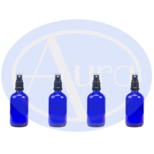 PACK of 4 - 100ml BLUE GLASS Bottles with Black ATOMISER Sprays. Essential Oil / Aromatherapy Use