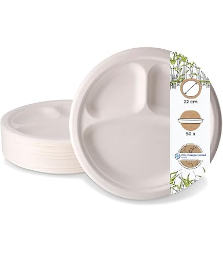 Bio Bagasse Menüteller 3-fach Geteilt – 26 Cm, 500 Stück, Kompostierbare Einwegteller Aus Zuckerrohr